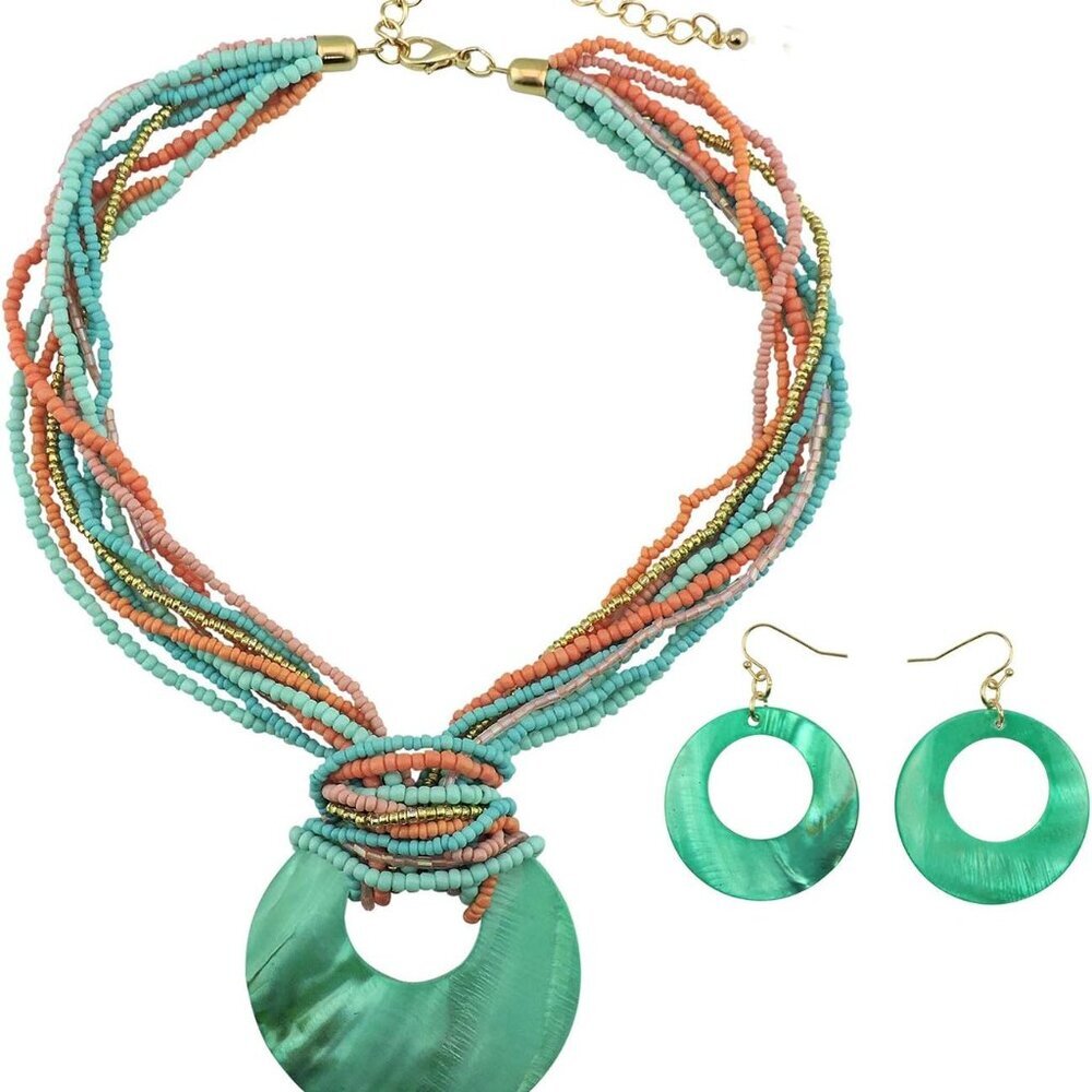 Multi Strand Statement Colorful Beaded Necklace with Big Circle Shell Pendant fo